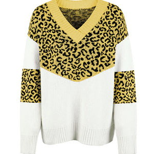 Leopard V-Neck Dropped Shoulder Sweater