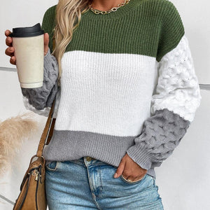 Color Block Round Neck Long Sleeve Sweater