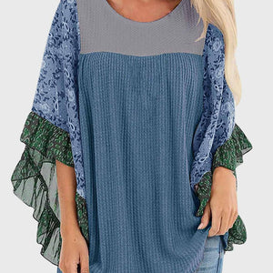 Full Size Printed Round Neck Three-Quarter Sleeve Blouse