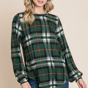 BOMBOM Curved Hem Plaid Round Neck Long Sleeve Top