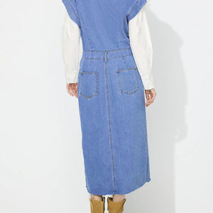 Slit Half Button Collared Neck Cap Sleeve Denim Dress