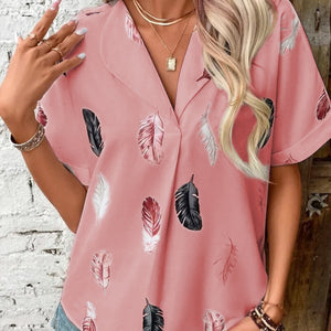 Full Size Printed Collared Neck Short Sleeve Blouse