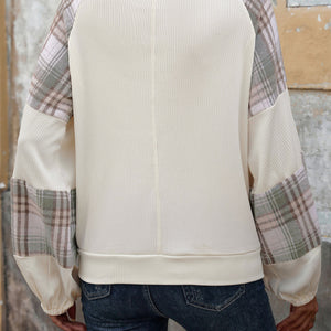 Perfee Plaid Round Neck Long Sleeve Sweatshirt