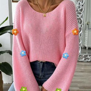 Flower Round Neck Long Sleeve Sweater