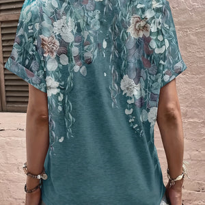 Full Size Printed Notched Short Sleeve Blouse