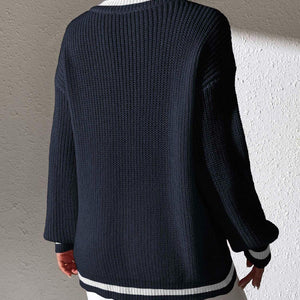 Contrast Trim V-Neck Long Sleeve Sweater