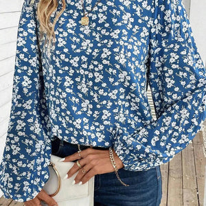 Printed Round Neck Balloon Sleeve Blouse