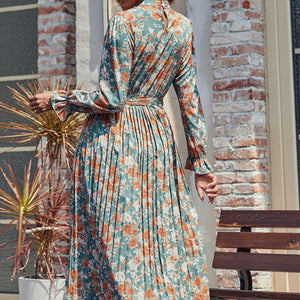 Perfee Tied Pleated Printed Mock Neck Long Sleeve Dress