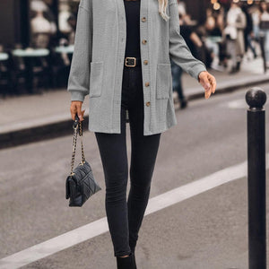 Textured Button Down V-Neck Long Sleeve Cardigan