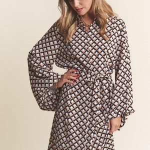 J.NNA Geometric Balloon Long Sleeve Midi Dress