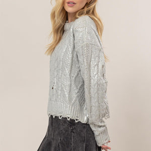 HYFVE Distressed Cable-Knit Round Neck Long Sleeve Sweater