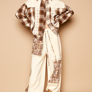 POL Plaid & Star Patchwork Contrast Long Sleeve Shacket