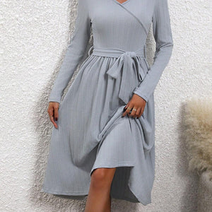 Surplice Tie Waist Long Sleeve Midi Dress