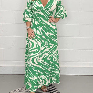 Smocked Printed Flounce Sleeve Maxi Dress