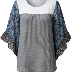 Full Size Printed Round Neck Three-Quarter Sleeve Blouse