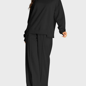 Round Neck Long Sleeve Top and Slit Pants Set