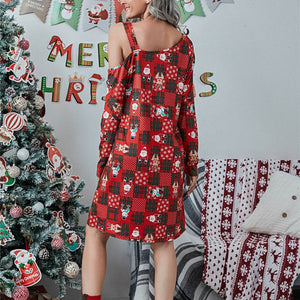 Christmas Asymmetrical Neck Long Sleeve Dress