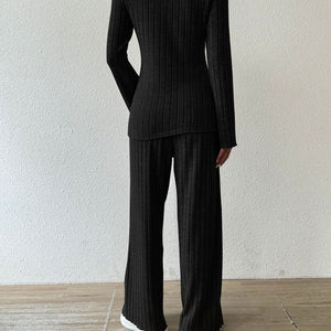 Ribbed V-Neck Long Sleeve Top and Pocketed Pants Set