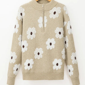 Flower Half Zip Long Sleeve Sweater