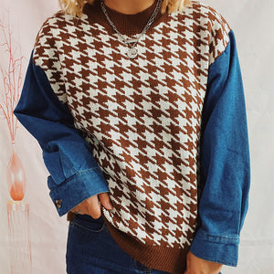 Houndstooth Denim Sleeve Sweater