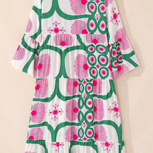 Printed Notched Long Sleeve Maxi Dress