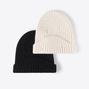 Distressed Rib-Knit Beanie