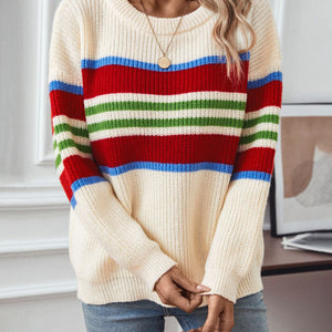 Contrast Stripes Round Neck Long Sleeve Sweater