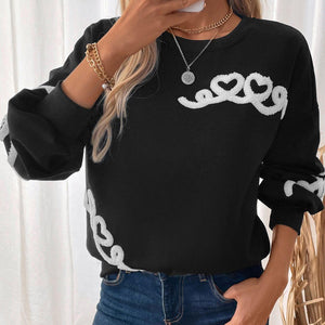 Perfee Heart Round Neck Long Sleeve Sweater