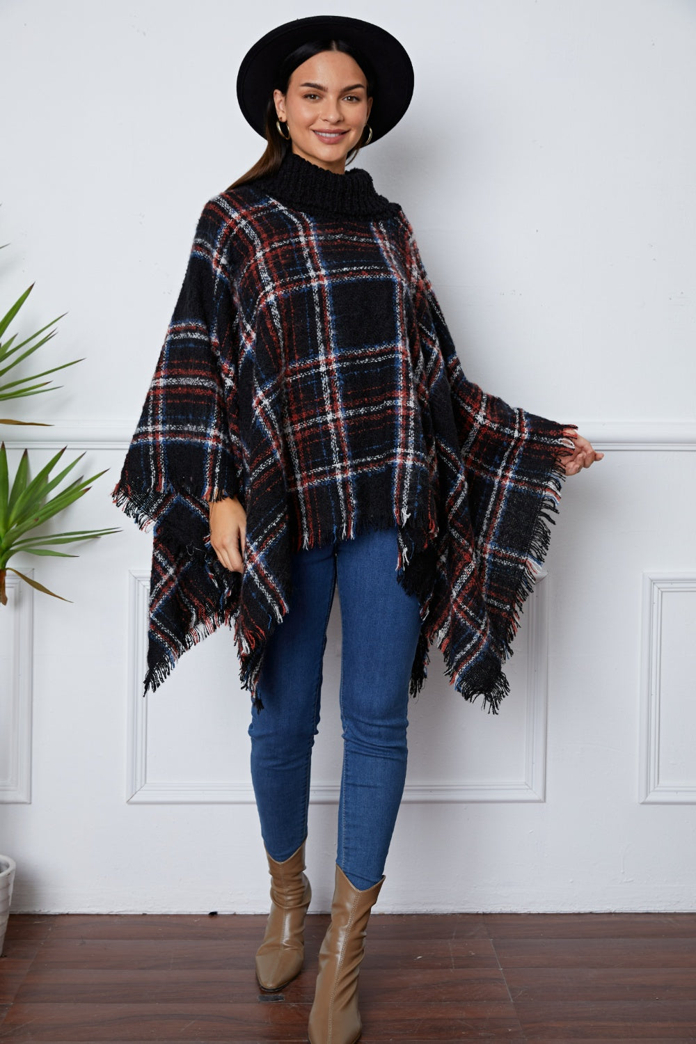 Shiny Turtleneck Plaid Raw Hem Sweater