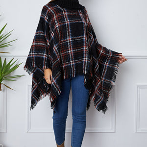 Shiny Turtleneck Plaid Raw Hem Sweater