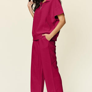 Double Take Full Size Texture Half Zip Short Sleeve Top and Pants Set