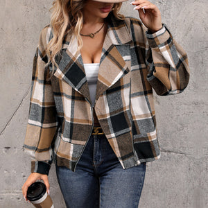 Perfee Plaid Collared Neck Long Sleeve Jacket