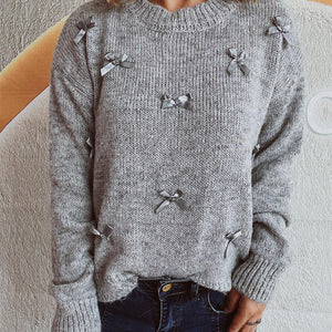 Bow Trim Round Neck Long Sleeve Sweater