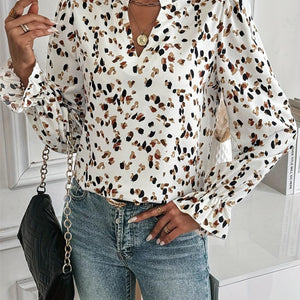 Printed Notched Flounce Sleeve Blouse