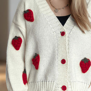 Crochet Strawberry V-Neck Long Sleeve Cardigan