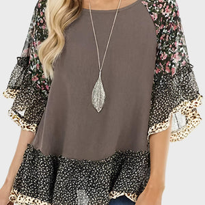 Full Size Frill Printed Round Neck Half Sleeve Blouse