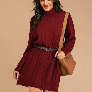 Perfee Slit Turtleneck Long Sleeve Mini Sweater Dress