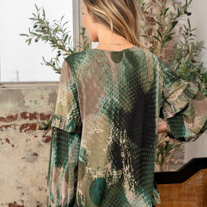 Sew In Love Full Size Snakeskin Print Long Sleeve Top with Ruffle