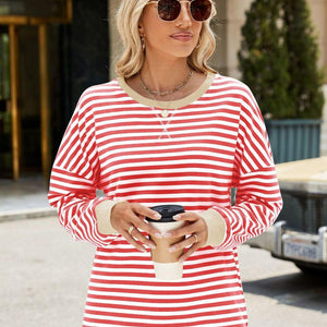 Slit Striped Round Neck Long Sleeve Sweatshirt