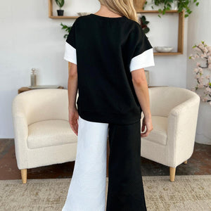 Double Take Full Size Texture Contrast T-Shirt and Wide Leg Pants Set