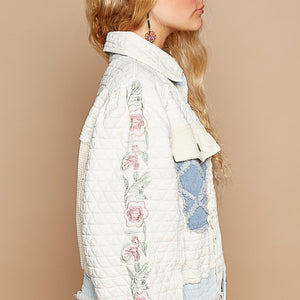 POL Embroidered Sleeve Raw Edge Quilted Jacket