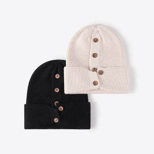 Button Detail Rib-Knit Cuff Beanie