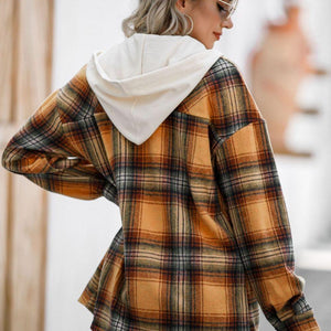 Drawstring Plaid Long Sleeve Hooded Shacket