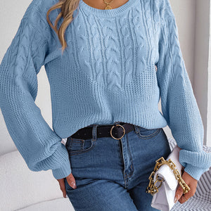 Cable-Knit Round Neck Drop Shoulder Sweater