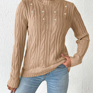 Cable-Knit Round Neck Long Sleeve Sweater