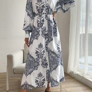 Printed Notched Lantern Sleeve Midi Dress