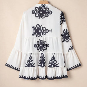 Tiered Printed Notched Long Sleeve Blouse