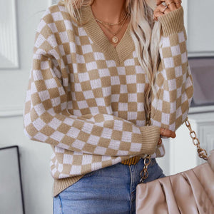 Checkered V-Neck Dropped Shoulder Sweater