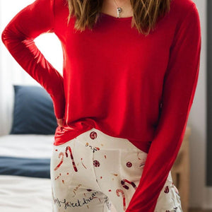 Round Neck Long Sleeve Top and Printed Pants Lounge Set