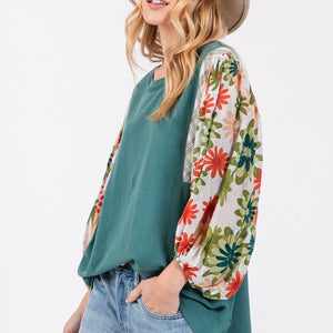 SAGE + FIG Full Size Printed Balloon Sleeve Contrast Top